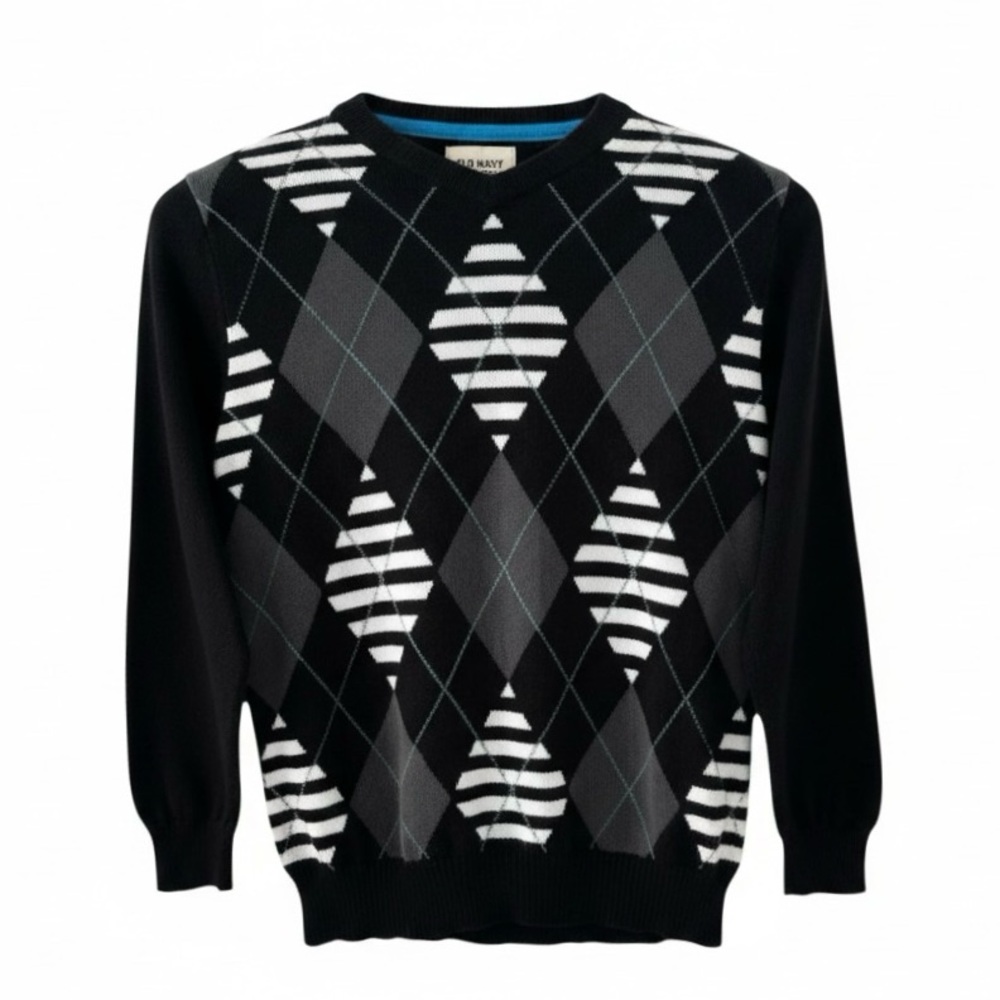 Old Navy Black Argyle V-Neck Long Sleeve Sweater Size Medium